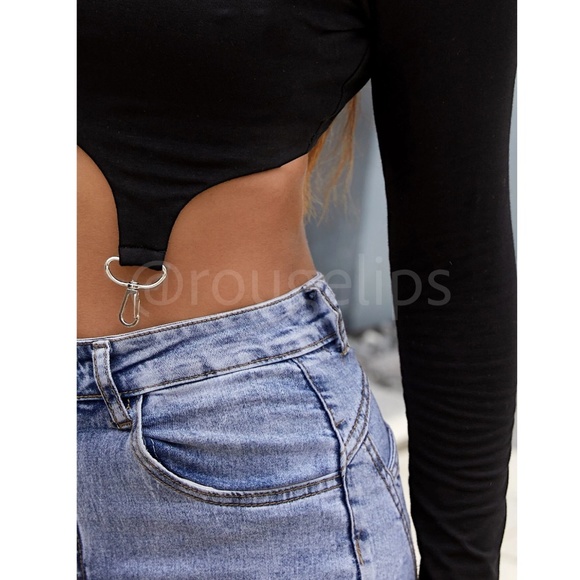 Long Sleeve Black Crop Top Shirt Front 2 Strap Clasp - Picture 5 of 8